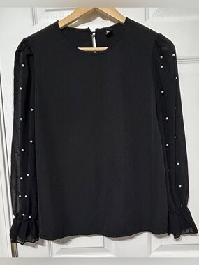 GREFIT Women’s Black Pullover Blouse Puff Sleeves Pearls Size XS